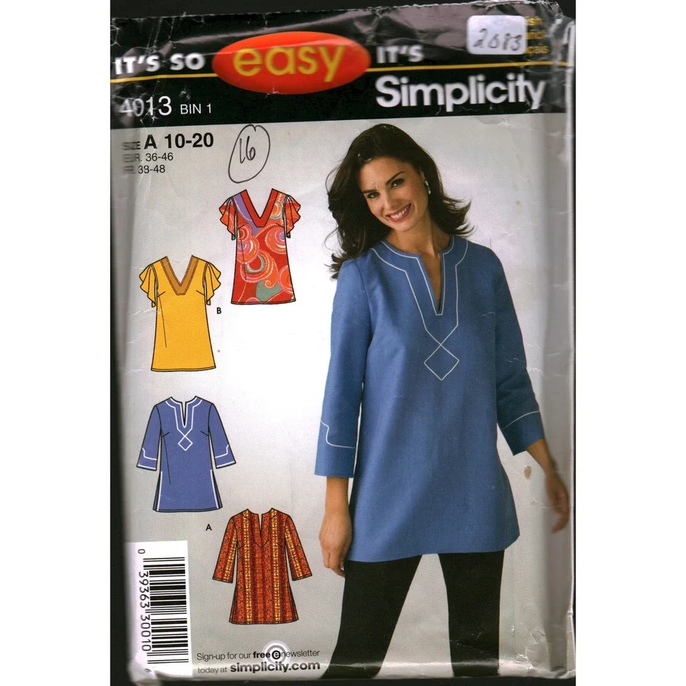 Simplicity 4013 Sewing Pattern Misses Tunic Top V-Neck Flutter Sleeve Size 10-16
